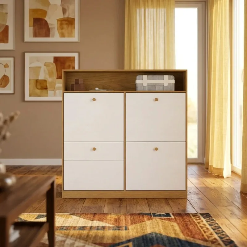 ^Freestanding Shoe Cabinet 4 Flip Drawers Wooden Handle Convertible Storage Organizer Modern Minimalist Living Room Furniture 50