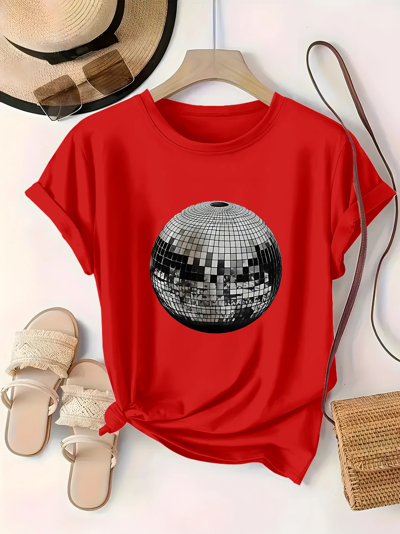 

Плюс размер 1xl-5xl Футболка с коротким рукавом Женская одежда оверсайз | Ретро-диско-шар, вечеринка, графика