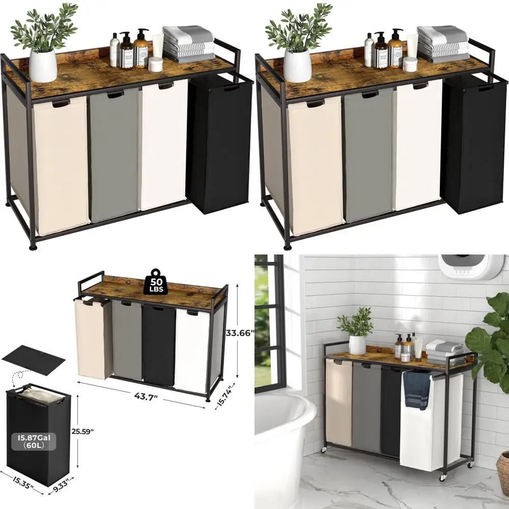 

4-секционная корзина для белья со съемными пакетами, металлический каркас на колесиках, вместимость 4 x 60 л, коричневый в деревенском стиле