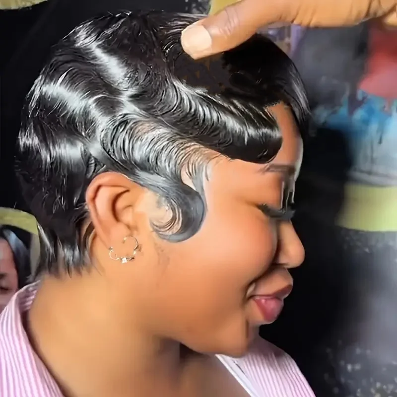 วิกผมทรงพิกซี่คัท ผมมนุษย์แท้ ลอนนิ้วสั้น ผลิตด้วยเครื่องจักรทั้งหัว สำหรับผู้หญิง ดูเป็นธรรมชาติ