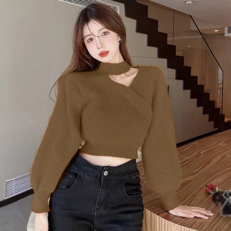 Autumn Sexy Pullovers V-neck Puff Sleeve Knit Cropped Sweaters Long Sleeved Lady Warm Off Shoulder Turtleneck Slim Jumper