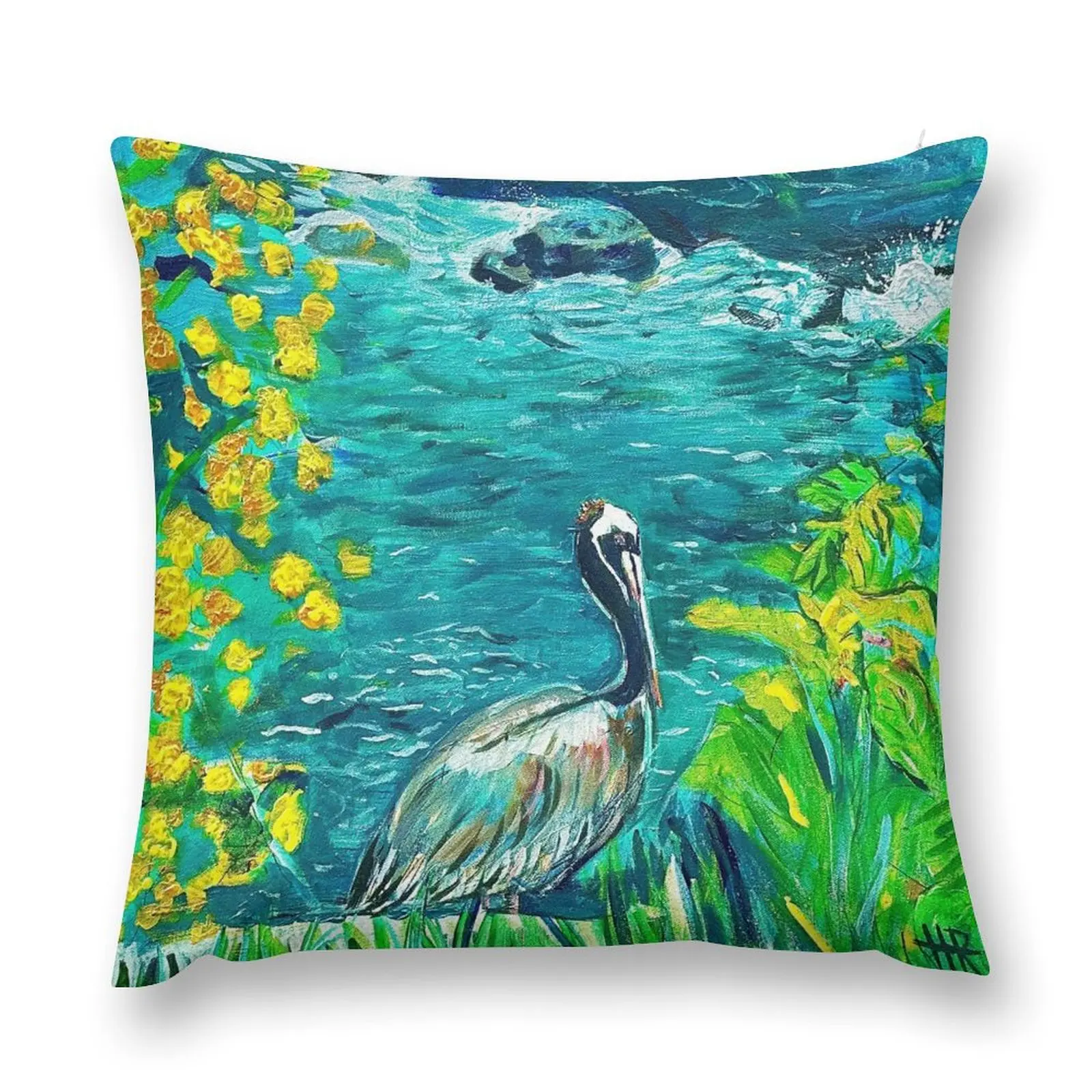 Pelican at La Jolla Cove. San Diego, CA - 20 x 30 in. acrylic on canvas Throw Pillow Couch Cushions sleeping pillows pillow