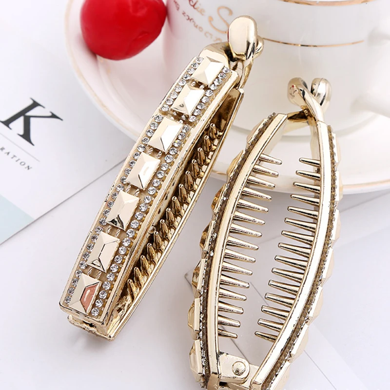 Banana Hair Clips For Women Girls Shinny Elegant Crystal Rhinestone Plastic Hair Claw Hair Accessories Gold Hairpins