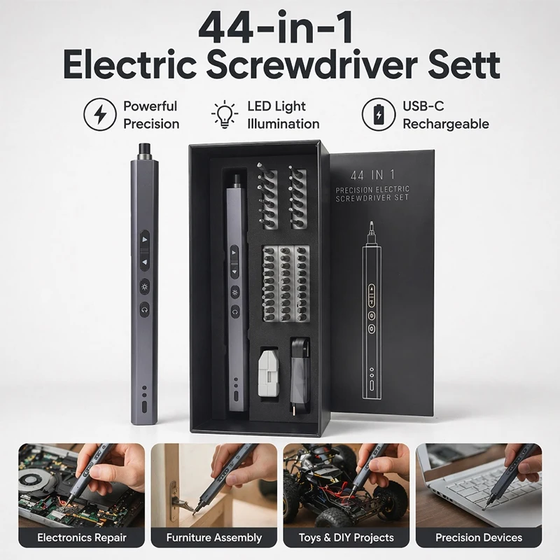 Precision Pen-Style Electric Screwdriver Set 44-in-1 Rechargeable Cordless with LED Light Tool for Phone Computer Watch Repair