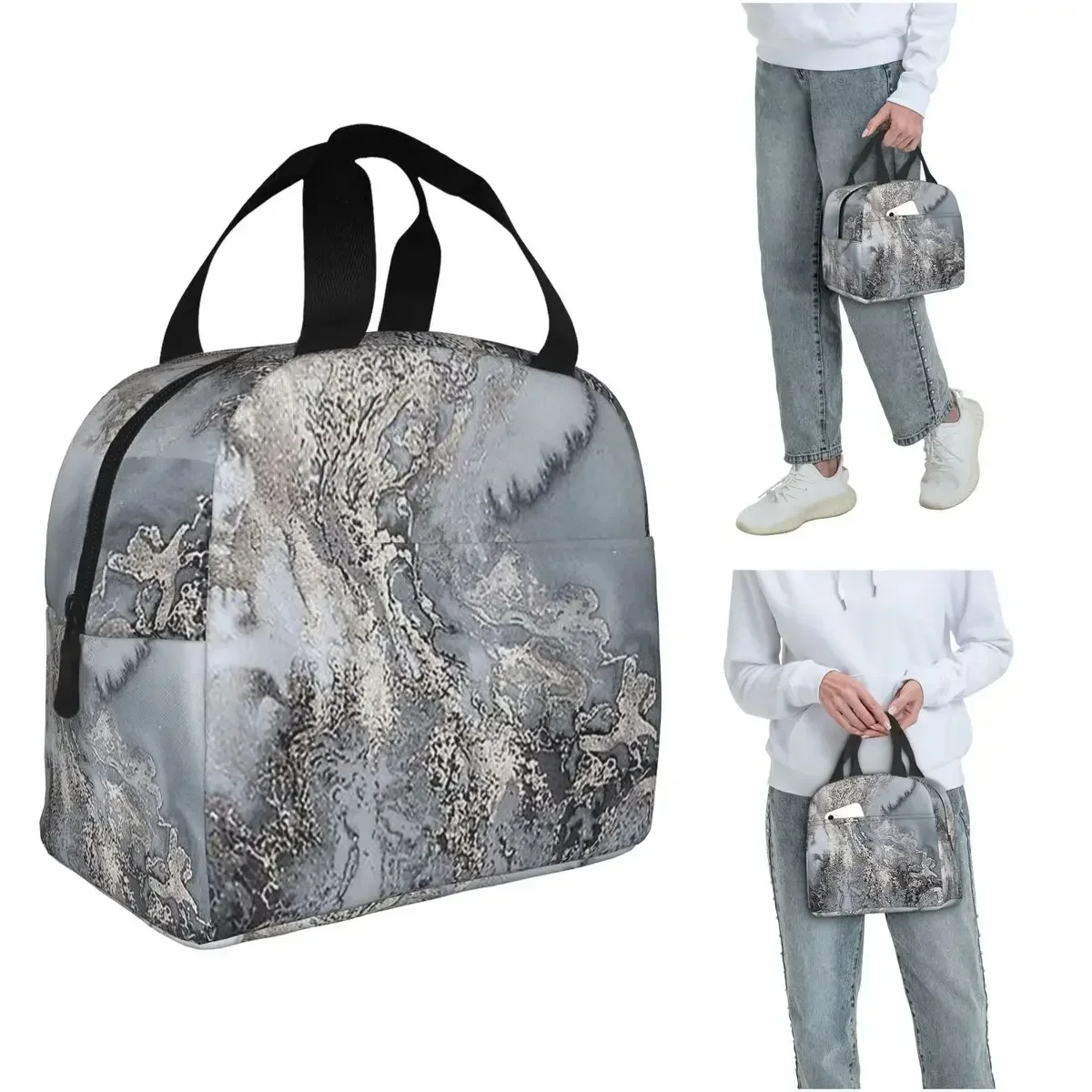 Grey And Silver Marbl Insulated Lunch Bag for Women Kids Portable Food Boxes Thermal Lunch Box Tote