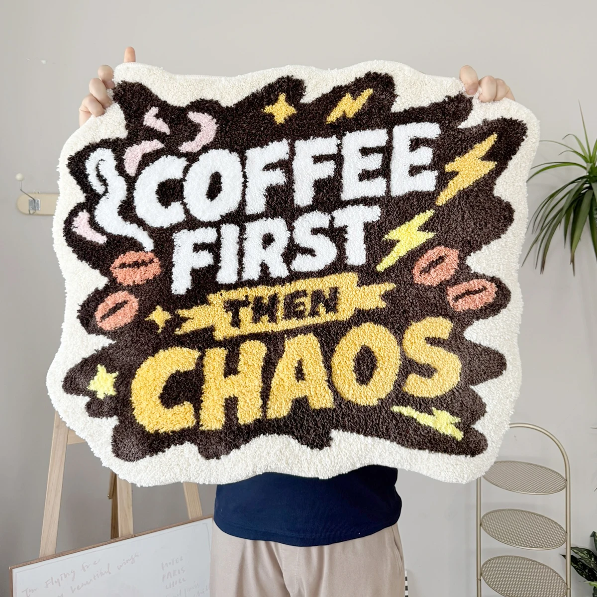 COFFEE FIRST THEN CHAOS Comic Burst Irregular Tufted Rug Coffee Bean Lightning Star Graphic Fluffy Anti Slip Floor Mat Funny Cof