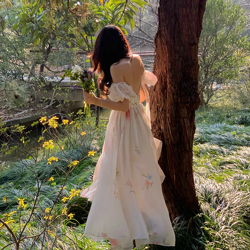 One Shoulder Bubble Sleeve Suspender Floral Dress Summer 2025 French Style Long Skirt Children Evening Dresses Elegantes Prom