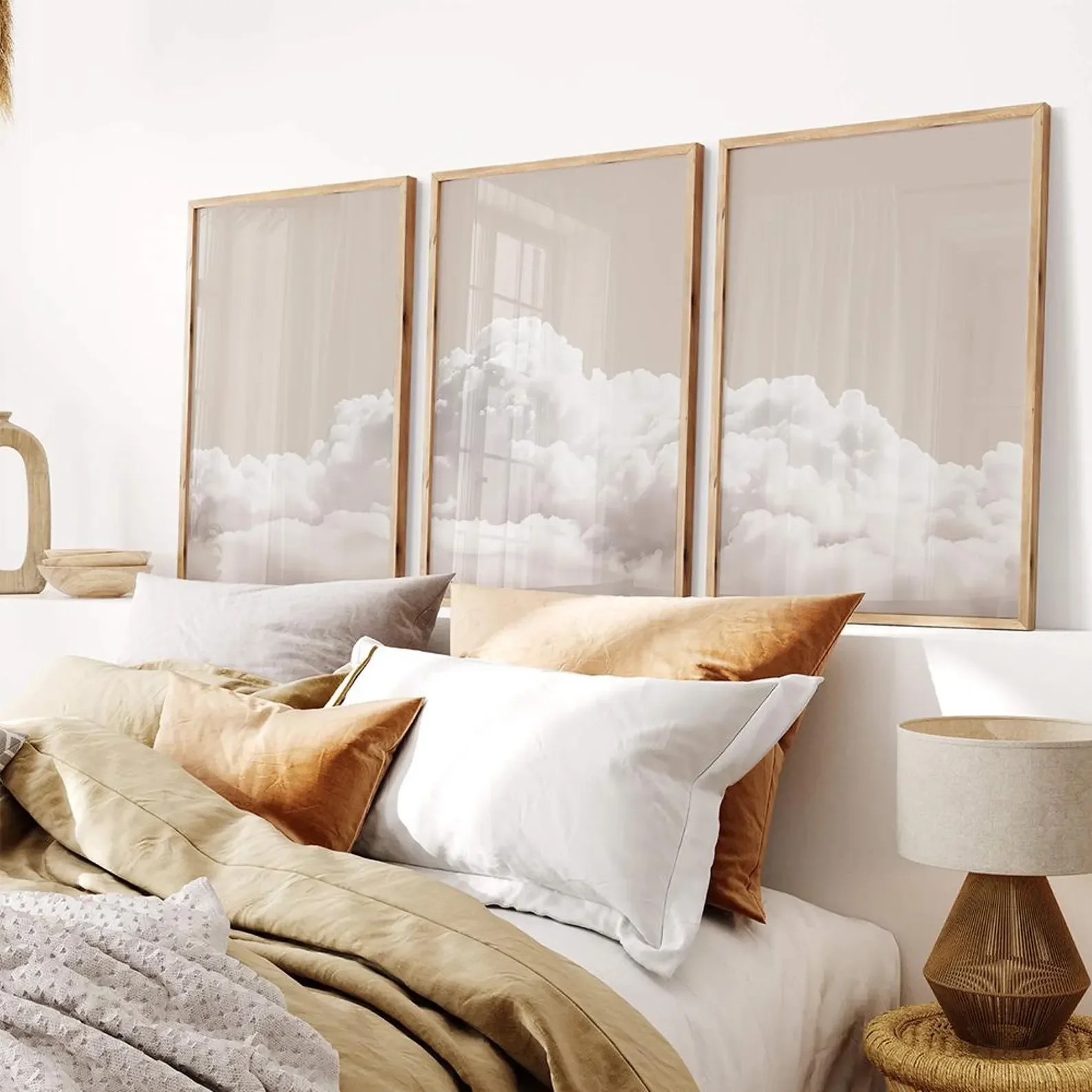 3PCS Beige Clouds Wall Art Set  White Cloud Poster Minimalist Sky Prints  Modern Home Wall Decor Canvas Paintings For Room Decor
