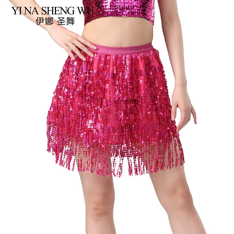 Sexy Women Belly Dance 4-layer Sequins Tassel Skirts Elegant Mid-rise Solid Slimming Skirt Latin Dance Stage Performance Outfits