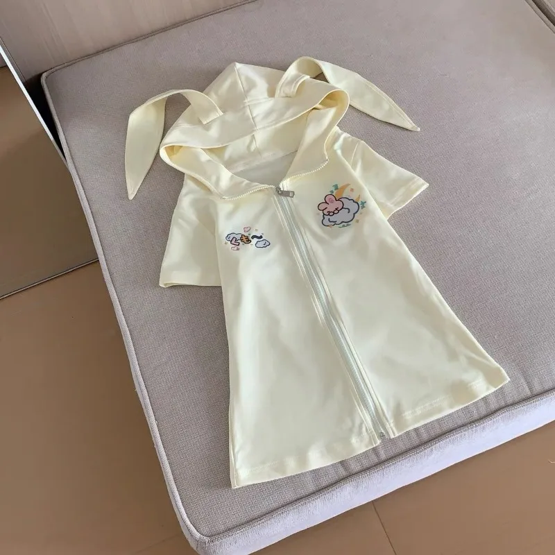 المرأة الأرنب الأذن هوديي لطيف أنيمي البلوز الصيف سليم صالح Kawaii طويلة الأكمام القصيرة البلوز ملابس الشارع الشهير Y2K القمم جديد #2