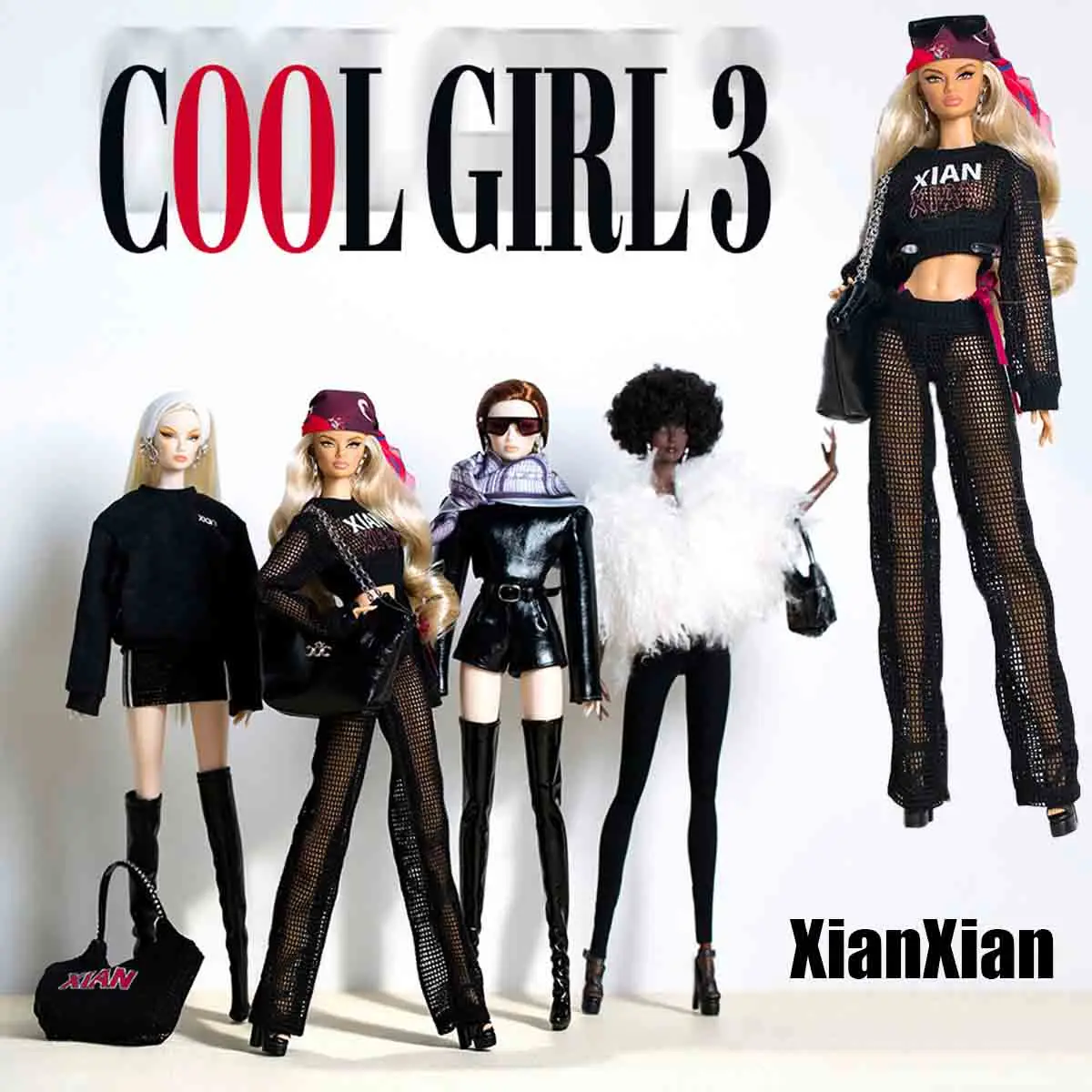 Xianxian Supermodel COOL GIRL3 1/6 Doll Clothes Parts Trendy Street Style Leather Jacket+Openwork Set+Earring For 30cm Dress Up