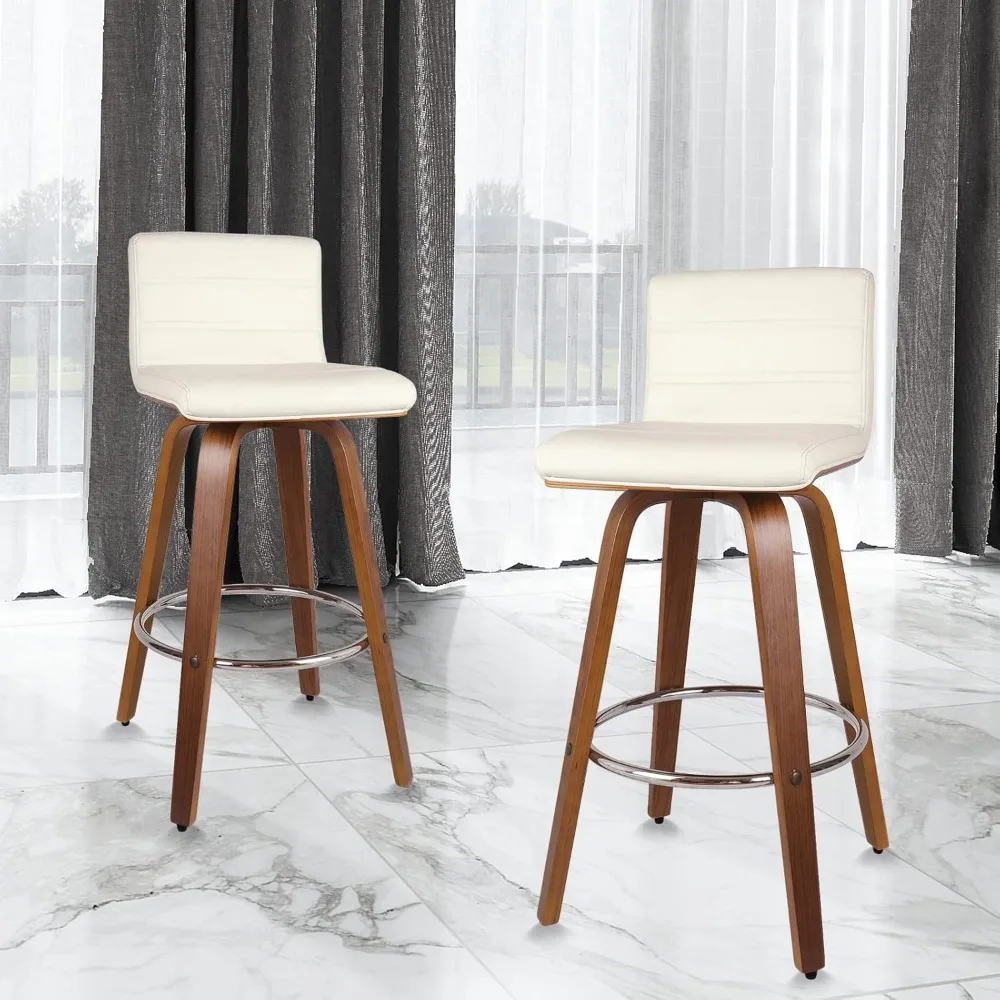 29 Inch Swivel Bar Stool with Back Set of 2, Mid-Century Modern PU Leather Upholstered Bar Height Barstools Bentwood Bar Chairs