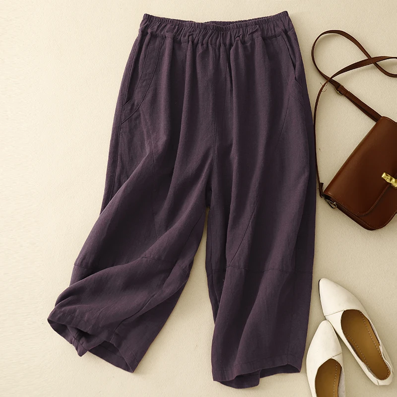 Casual Cotton Linen Wide Leg Pants Loose Fit Thin Style Seven Inches Loose Pants for plus Size Women Summer Thin Material