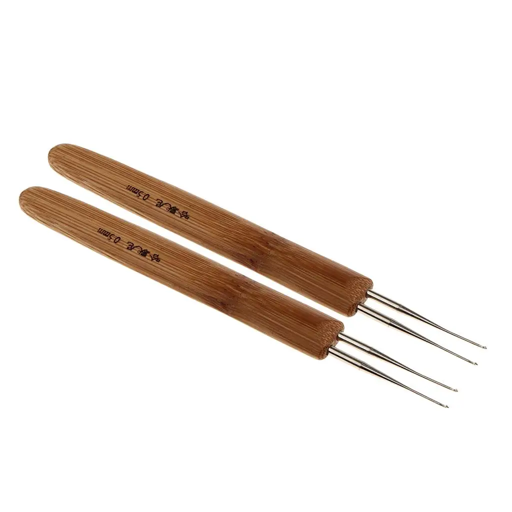 2x Professional Wood Handle Hair Extensions Weaving Crochet Needle Double Dreading Hook Tools for Braid Craft 2 Sizes