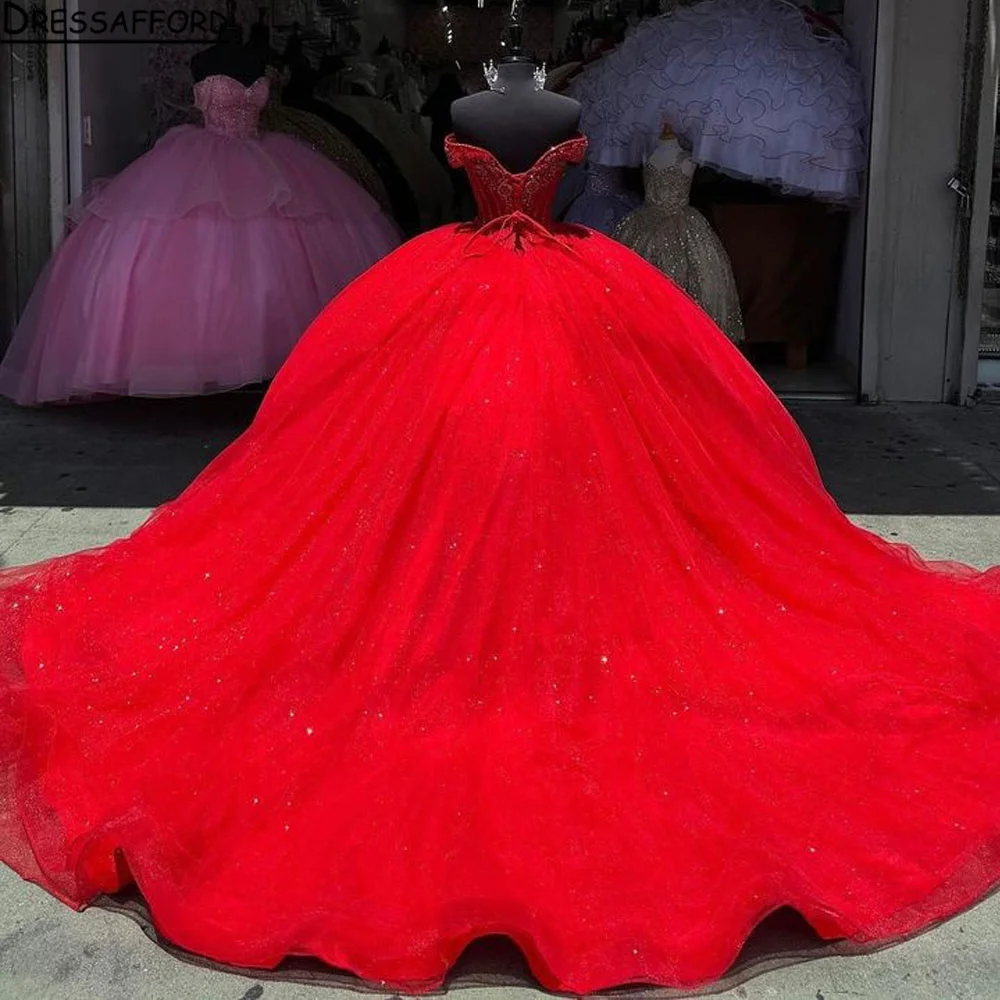 Glitter Tule Rode Baljurk 15 Jaar Quinceanera Jurk Meisjes Avondjurken Vestidos De Fiesta