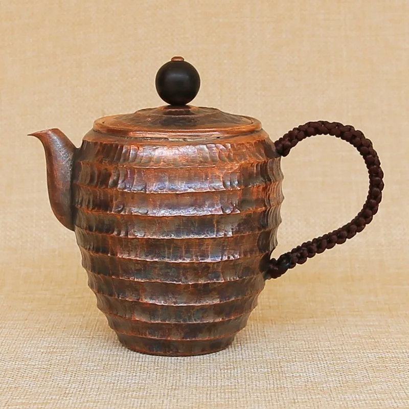 Handmade Threaded Pure Red Copper Kettle 350ml Retro Hammered Copper Teapot Home Water Boiling Tea Pot