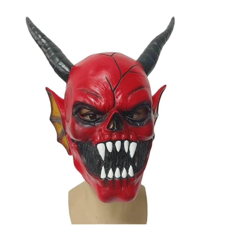 Roter Teufel Dämon Latex Vollkopfmaske für Erwachsene Gruselige Horror-Cosplay-Maske mit Hörnern Halloween-Party Kostüm-Requisiten – Detail 6