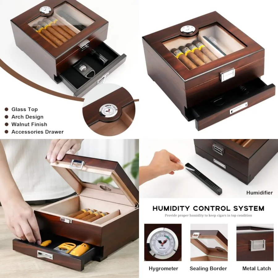 

Bald Eagle Cigar Humidor, Handmade Box with Humidifier Hygrometer, Cedar Wood Glass Top Case with Accessories Drawer