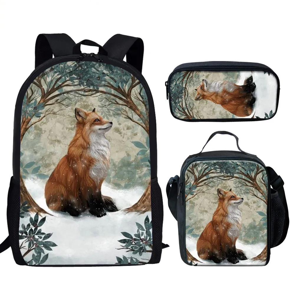 Popular Youthful Fox 3D Print 3pcs/Set Student Travel bags Laptop Daypack Backpack Lunch Bag Pencil Case
