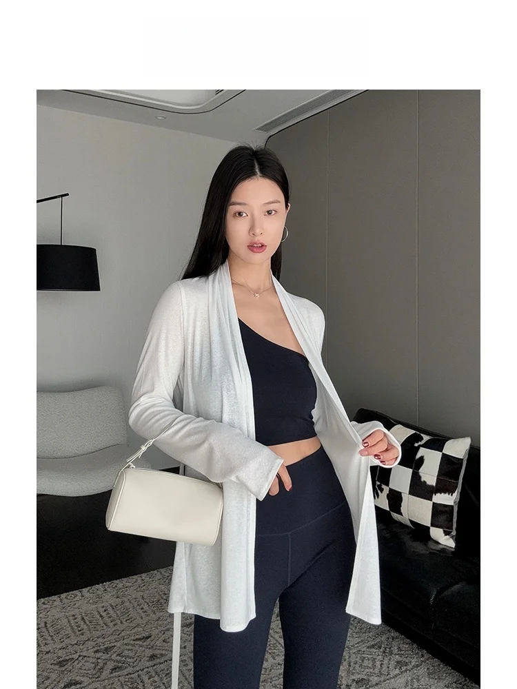 

Spring Summer Silk Linen Long Sleeve Open Cardigan Anti-shai Outerwear Women's Loose Fit Knitted Sweater Casual Daily Wear