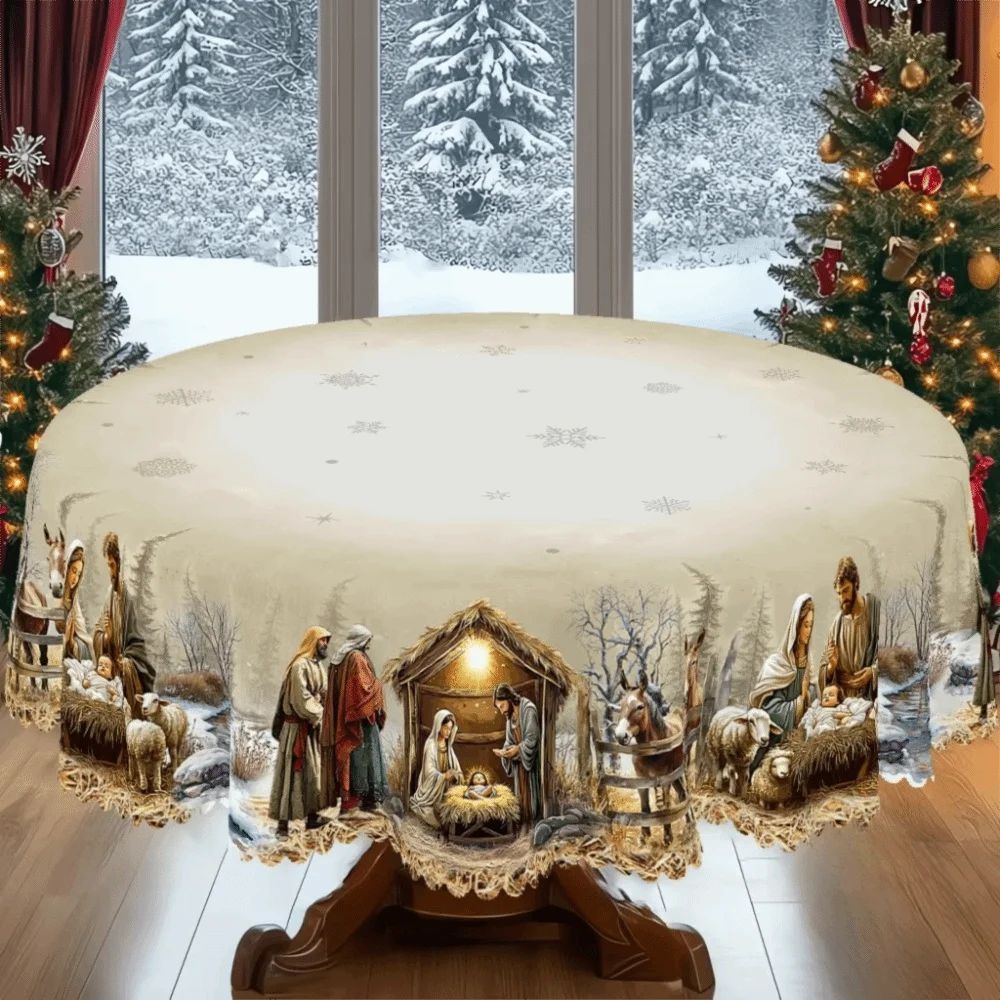 Round/Rectangular Christmas Nativity Scene Tablecloth Retro Waterproof Religious Tablecloth Snowflake Snow Forest Printed