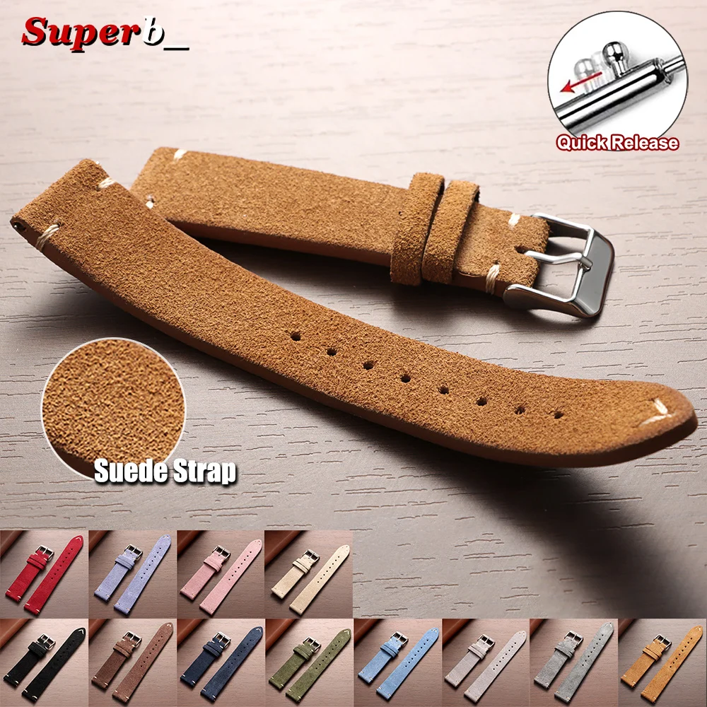14mm 16mm 19mm 21mm 18mm 20mm 22mm Watch Strap Calfskin Wristband Quick Release Soft Suede Band Bracelet Men's Watch Accessories