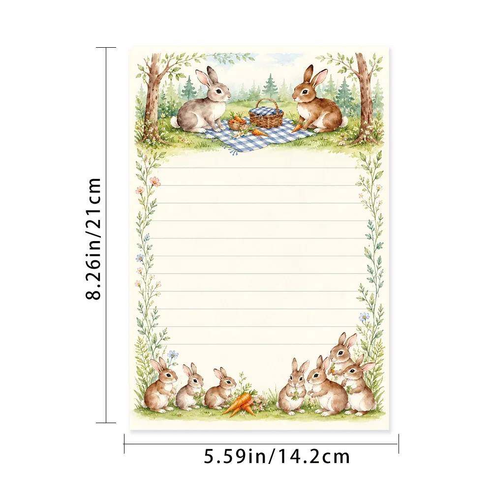 50 Sheets, Watercolor Forest Rabbit Picnic-themed Writing Paper, Lined, Glue-free, Perfect For Notebooks, Memos, And Stickers