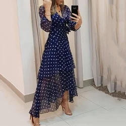 Elegant Party Dress Fashion Dot Printing Dark Blue Pleated Irregular Evening Dresses Casual V-Neck Higt Waist Dress Vestidos