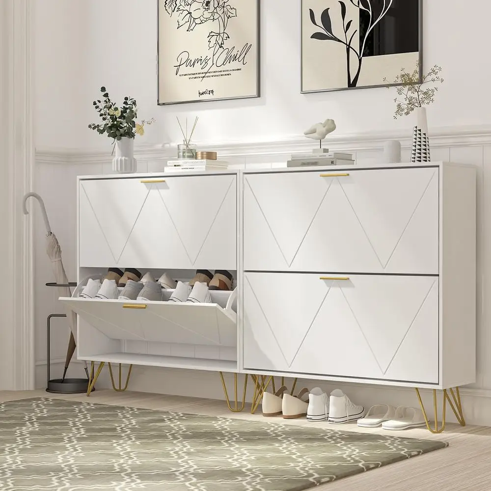 

2er Set Shoe Cabinet with 4 Flip Drawers, White Shoe Storage Cabinet, Slim Wooden Freestanding Shoe Rack, Shoe Organizer with F