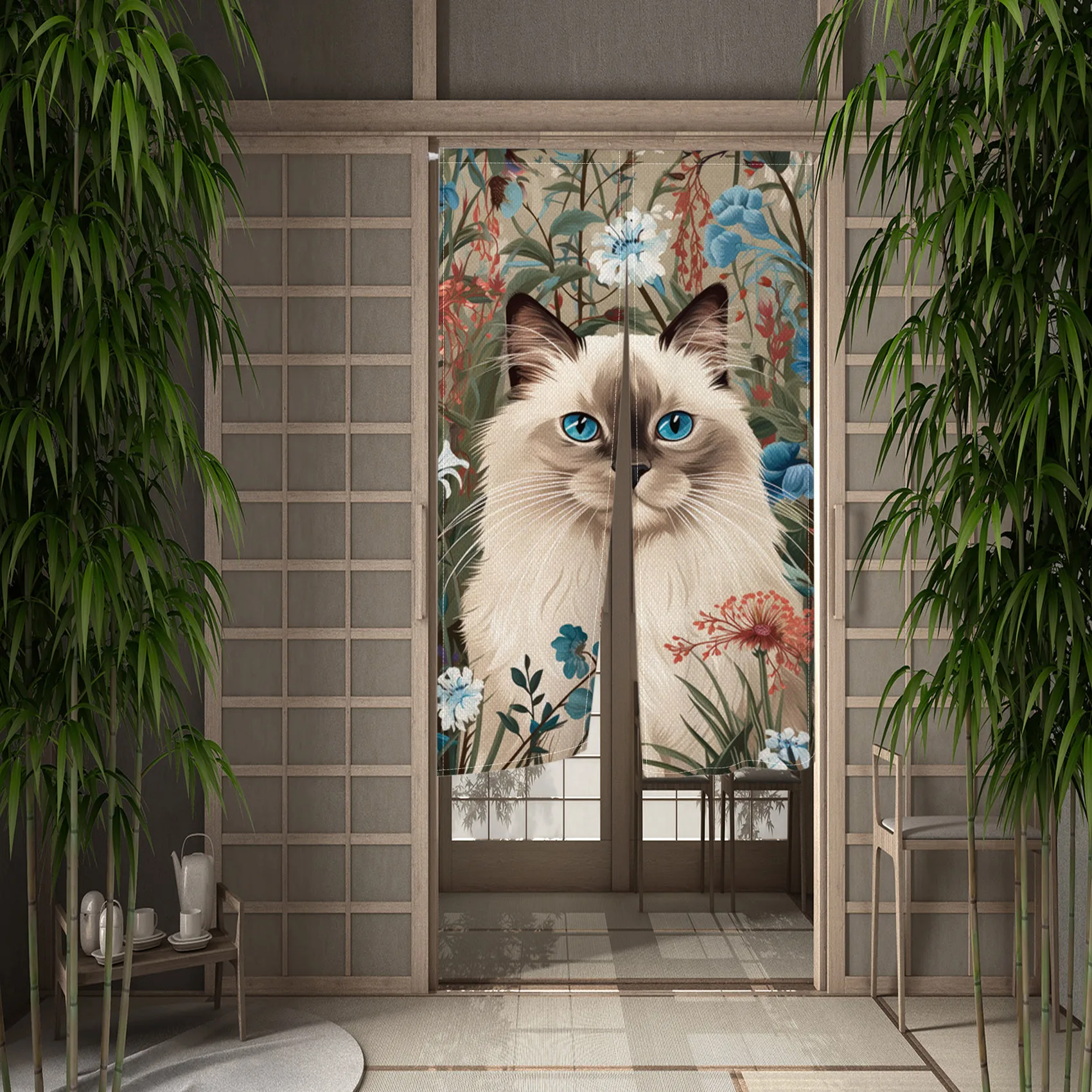 Noren Cat Print Door Curtain Floral Living Room Split Partition Bedroom Home Linen Doorway Curtain Kitchen Hanging Half Curtains