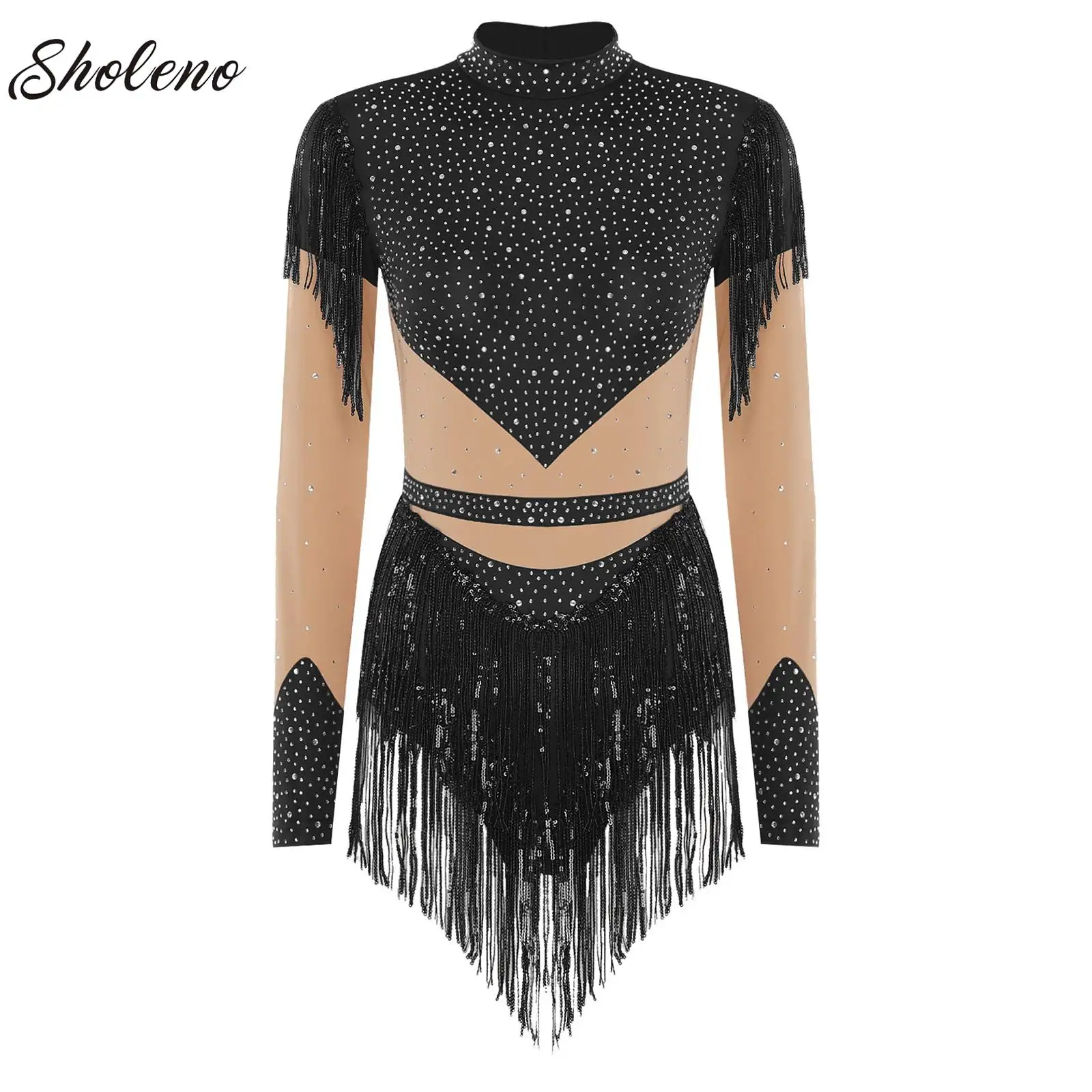 

Women Latin Dance Leotard Dress Tassel Long Sleeve Rhinestones Contrast Color Leotard Jumpsuit Chacha Performance Competition
