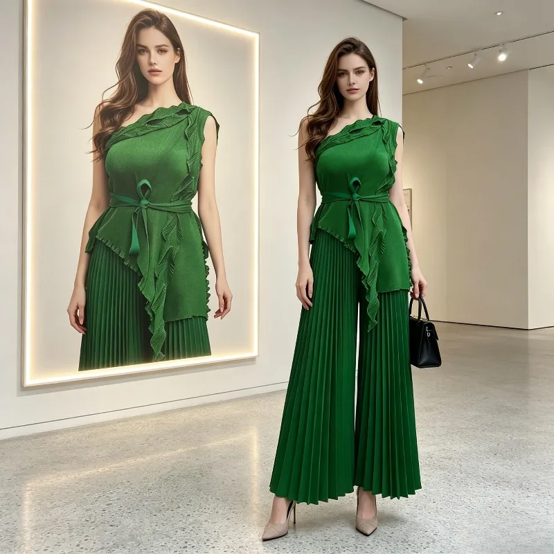

Miyake Pleated Two-Piece Set with Ruffled Edges Off-Shoulder Tie-Up Sleeveless Top Loose A-Line Pleated Pants Set for Women