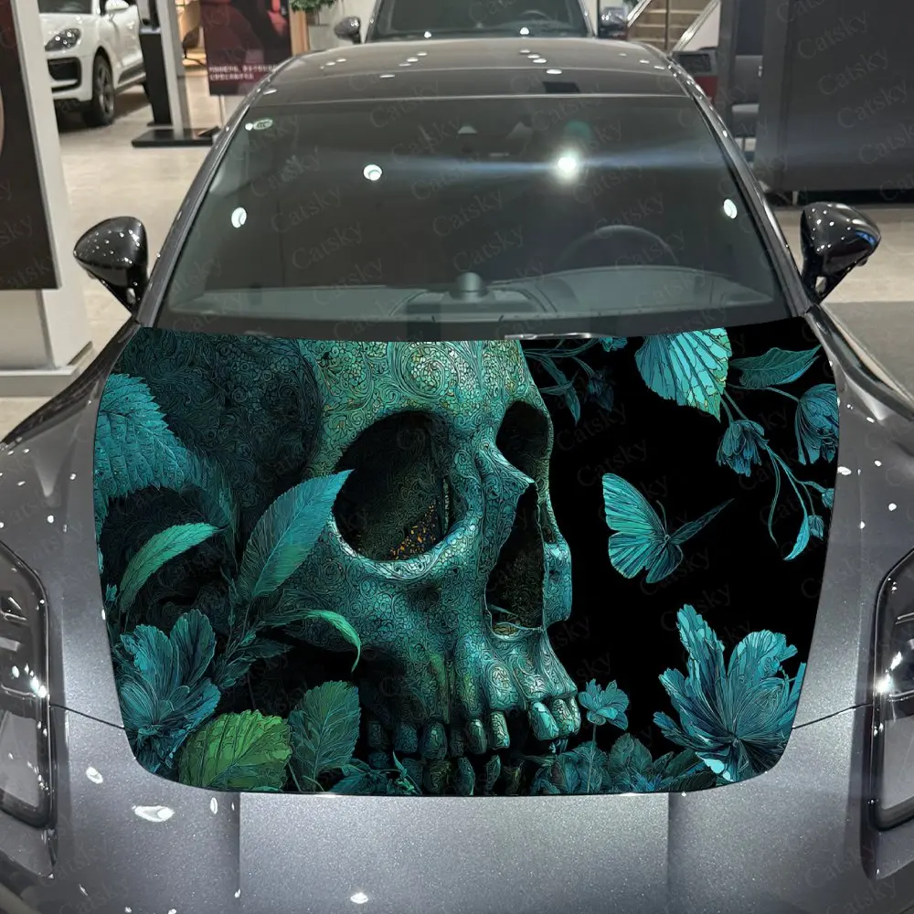 

Car Decal Artistic Fusion of Skull, Teal Floral-Butterfly Textural Details in Evocative Style Car Hood Sticker, Waterproof Self