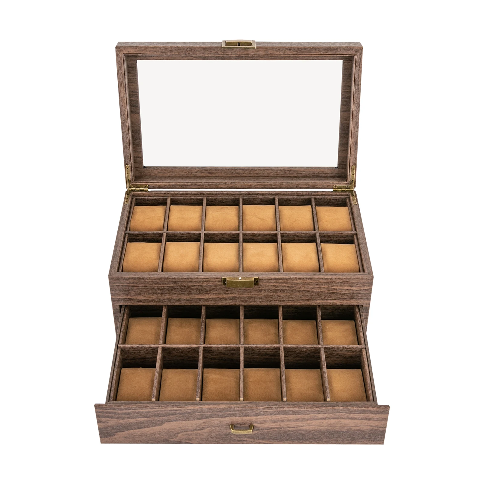 24 Compartments Double Wood Grain Watch and Glasses Storage Case, Decoration Display Box with Glass Lid for Glasses, Watches