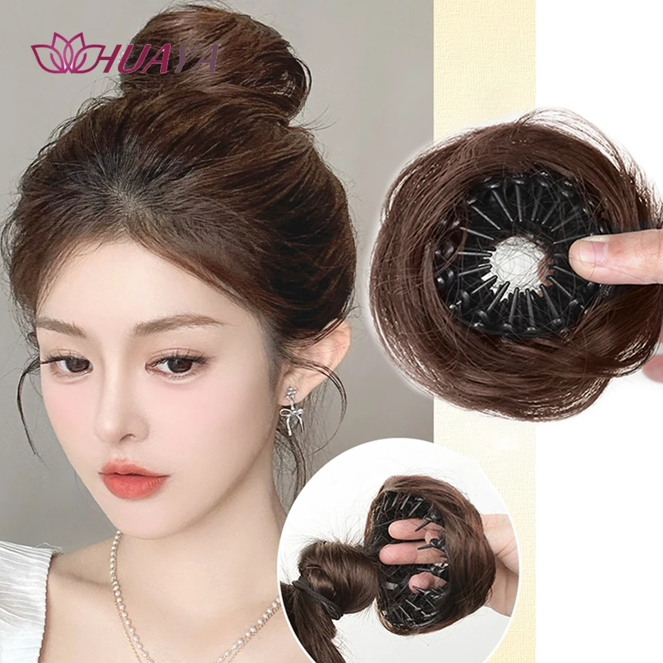 Synthetic Hair Bun With Circle Elastic Clips Straight Donut Updo Hair Wig Bird's Nest Shaped Retractable Hairpieces