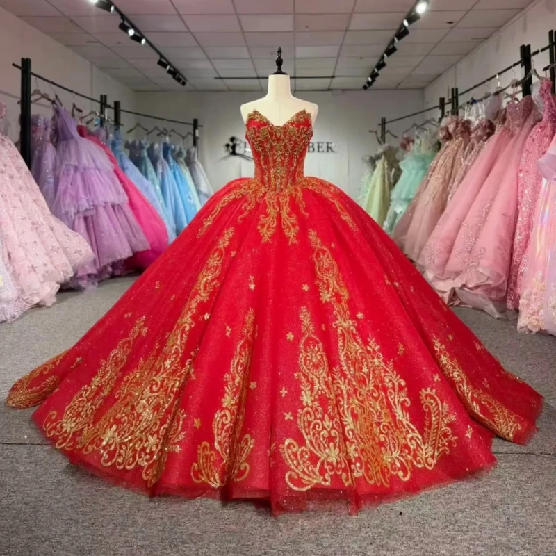 Red Glitter Quinceanera Dresses Off Shoulder Ball Gown Sweet 16 Dress Gold Applique Lace Beading Tull Party Birthday vestidos 15
