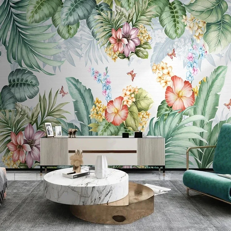 Custom Wallpaper Nordic Hand Painted Green Leaves Flowers Birds Murals Living Room TV Sofa Bedroom Backdrop House 3D Home Decor