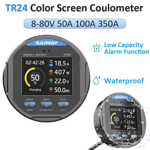 TR24 Waterproof Coulometer DC8-80V 50A 100A 350A Battery Capacity Tester Backlight Low Battery Alarm Voltage Current Indicator