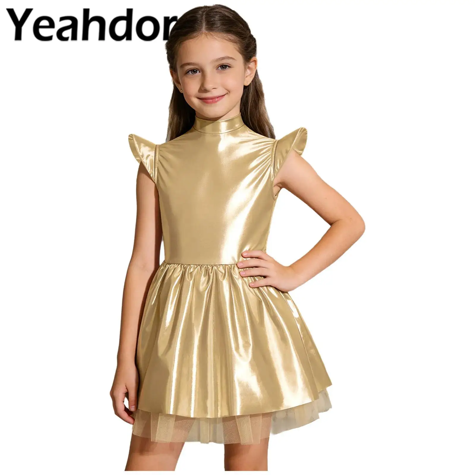 

Детский костюм инопланетянина для девочек, блестящее платье-пачка с летающими рукавами и рюшами для косплея, переливающаяся пачка для выступления на сцене