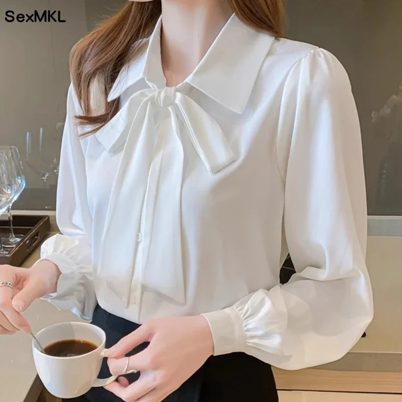 Camisas elegantes de gasa para oficina para Mujer, Blusas de manga larga para Otoño e Invierno, ropa de estilo coreano, Tops de trabajo blancos,