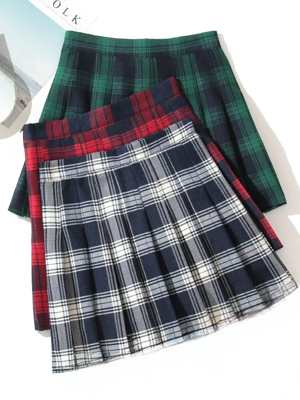 

Anti-Slip A-Line Skirt Plaid Pattern High Waist Pleated Design Street Sle ort Skirt for Young Women Summer Season