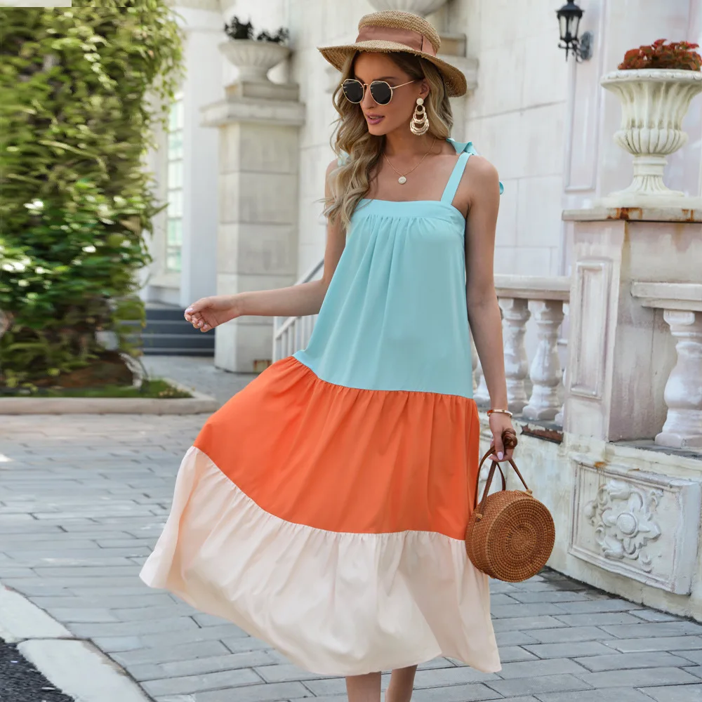 Women's Casual Maxi Dress Leisure Vacation Camisole Color Blocking Long Dress