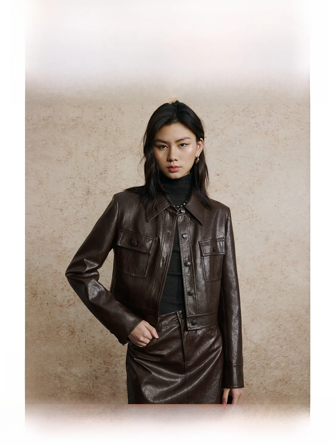 

ZhiZhi Vintage Style PU Jacket And A-Line Skirt Set Long Night Autumn 2025 New Arrival Women's Loose Fit Short Coat