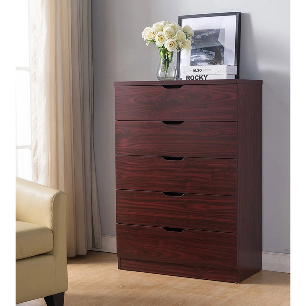 5 Drawer Bedroom Dresser, Home Chest Cabinet with Cut-Out Handles, Mahogany