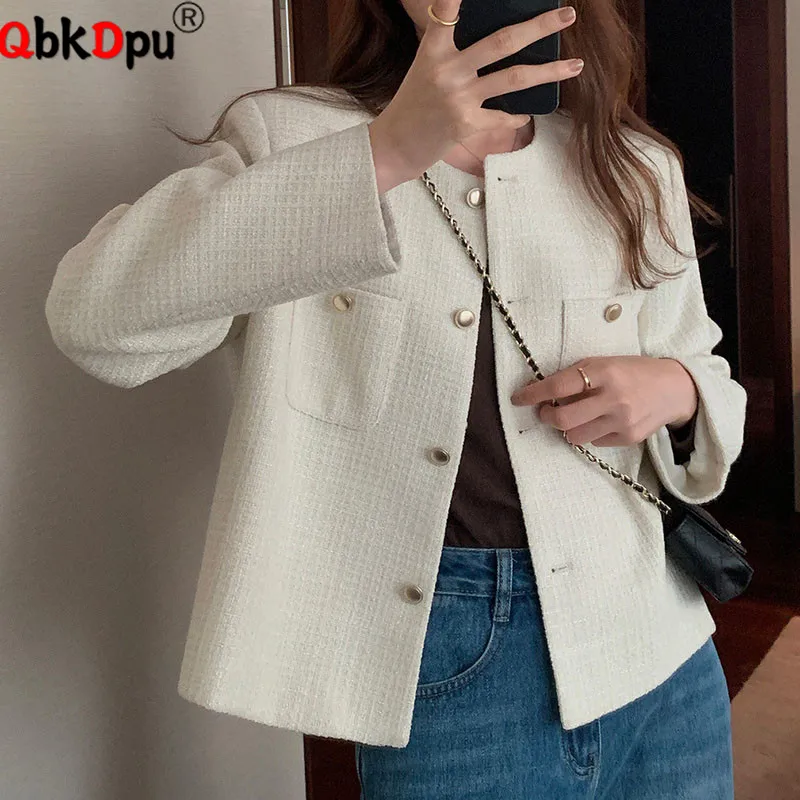 

Korean Fashion Loose Tweed Coats Women Casual O-neck Long Sleeve Outerwears Spring Fall Long Sleeve Classic Solid Jackets Blusas