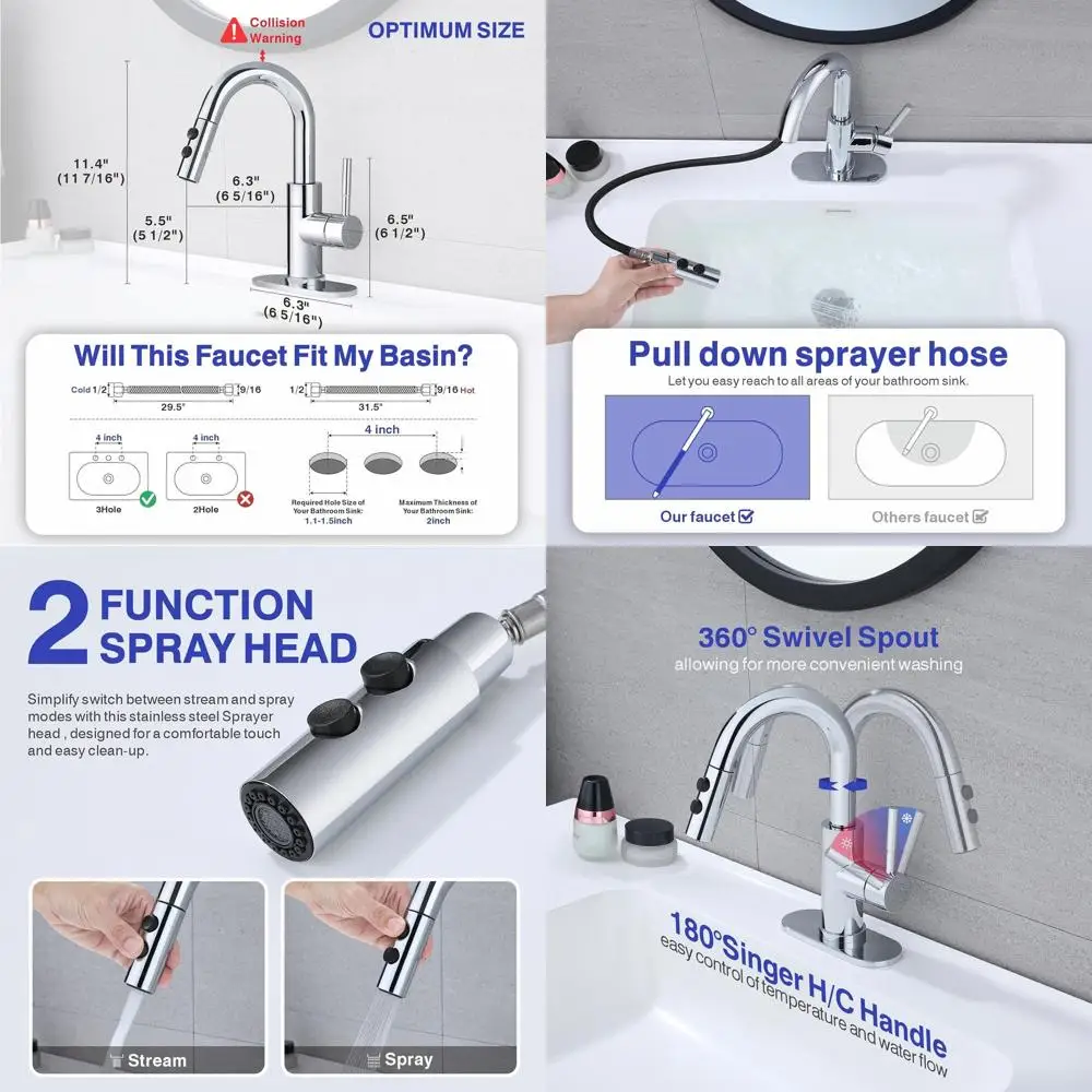 

Chrome Single Handle Pull-Out Spray Faucet with Pop-Up Drain for Laundry Sink, 1 or 3 Hole Basin Mixer