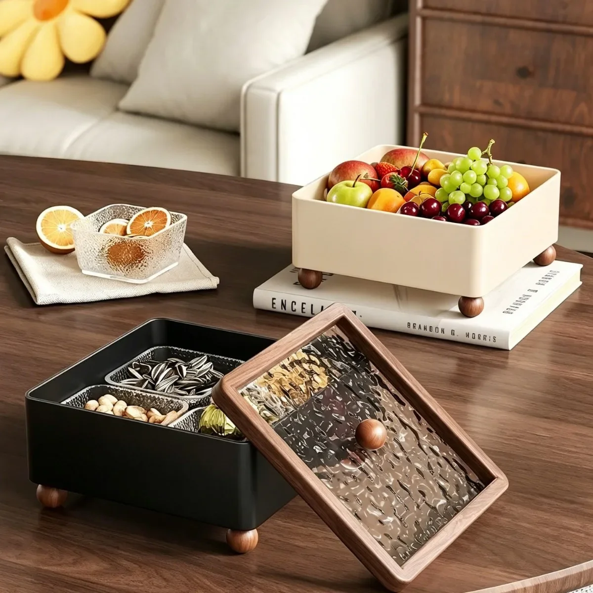 Walnut Living Room Coffee Table, Home Fruit Storage Basket, Home-Use Light Luxury Snack and Nut Container
