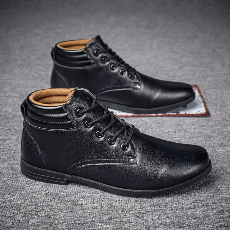 

Nice Autumn Pop Leather Boots Men Black Leahter Shoes Fashion Retro British High Top Casual Business Men Shoes Zapatos De Hombre