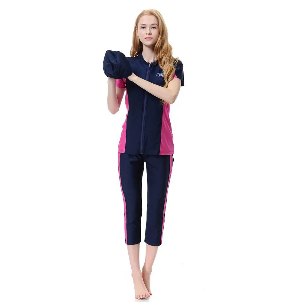 Donne costumi da bagno musulmani Cardigan con cerniera top stampa pantaloni a matita arabo tre pezzi cuffia da bagno Dubai Sportswear impiombato