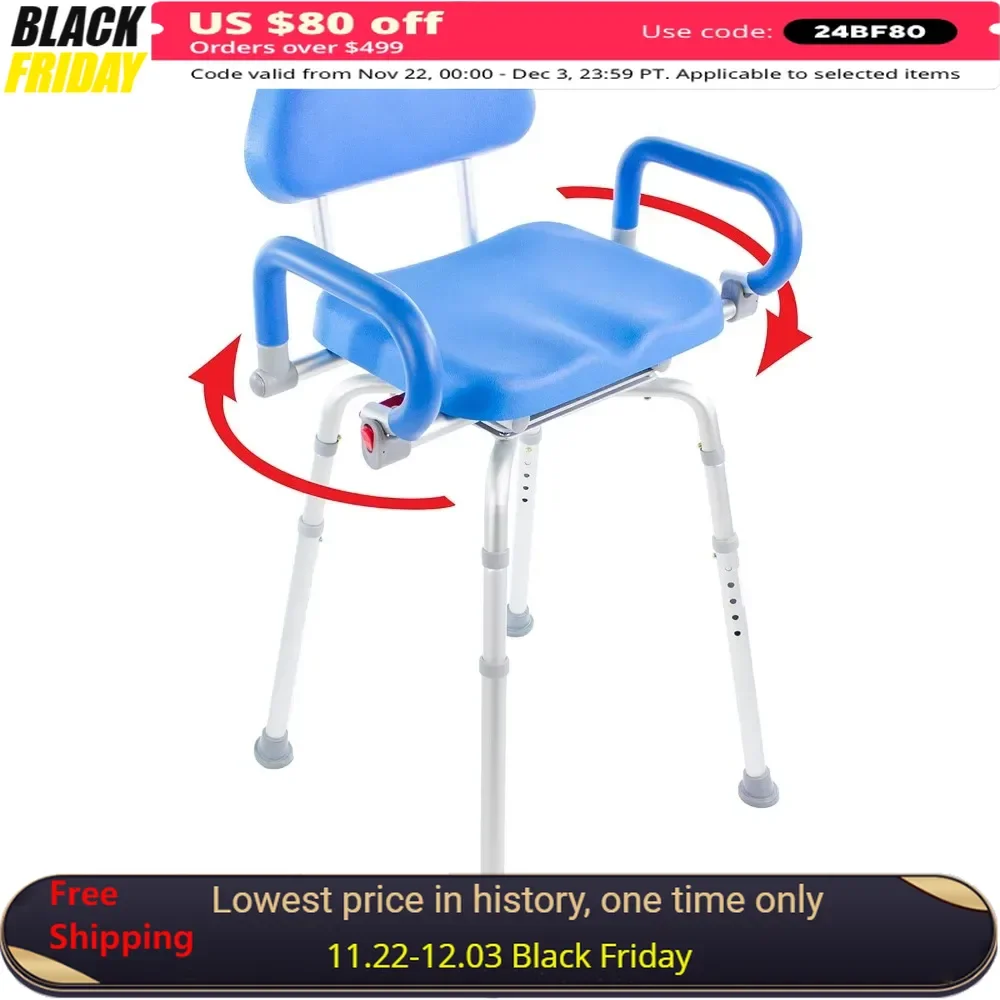 Shower Chair, Hip Chair, Padded, Seat Height Angle Adjustable, with Swivel Seat and Swinging Armrests, Bathroom Shower Chair